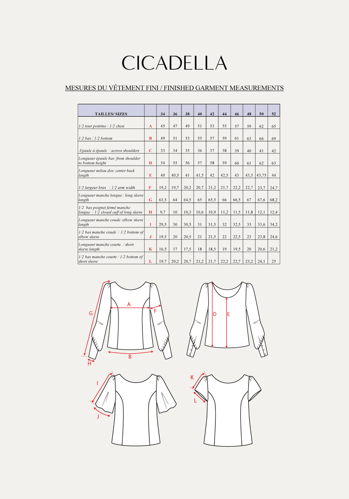 Patron couture blouse Cicadella / PDF (A4, A3, A0, US Letter) - Cadres, Calques par Taille, Vidéoprojection - Maison Fauve