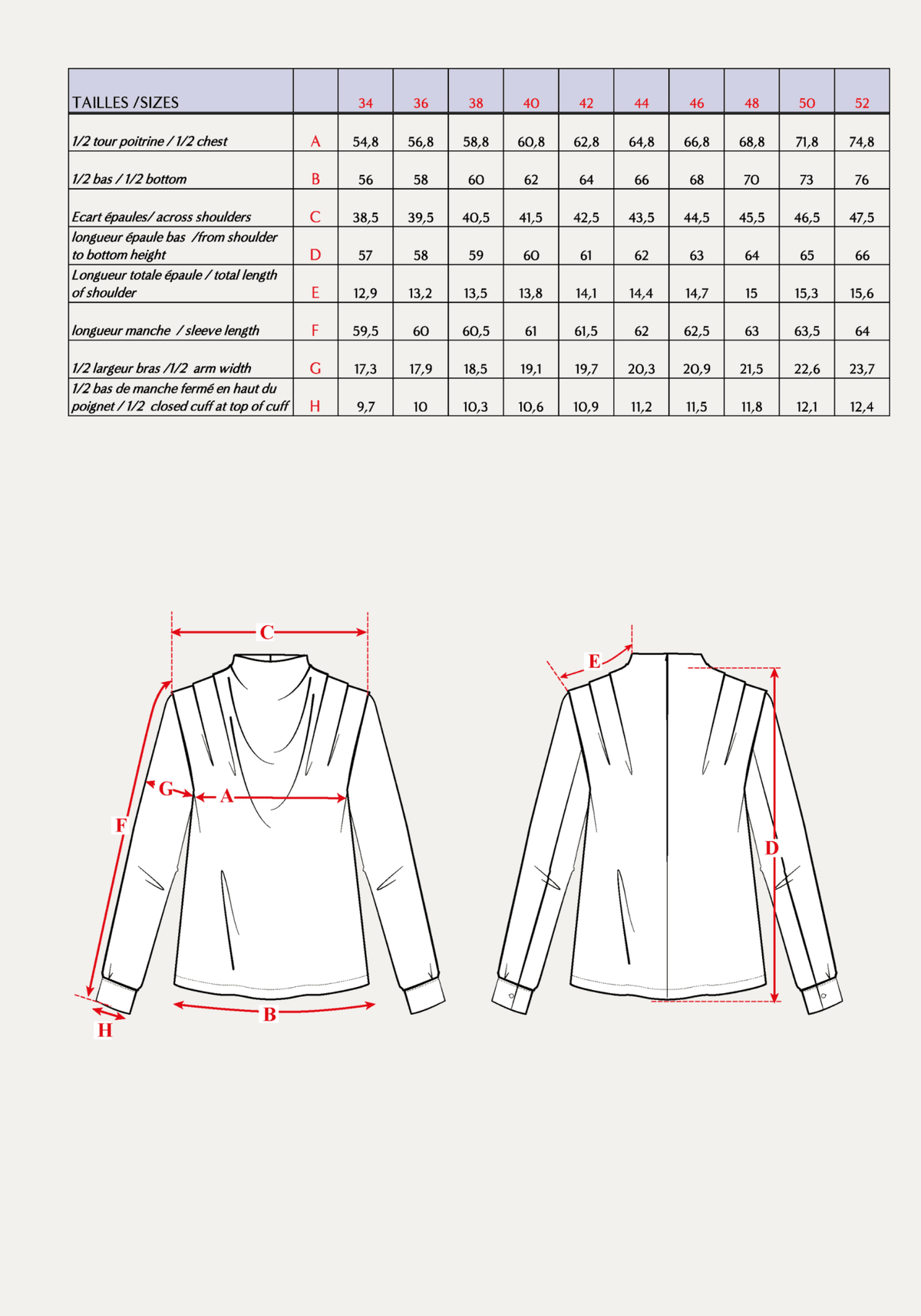 Patron couture blouse Tempête / PDF (A4, A3, A0, US Letter) - Cadres, Calques par Taille, Vidéoprojection - Maison Fauve