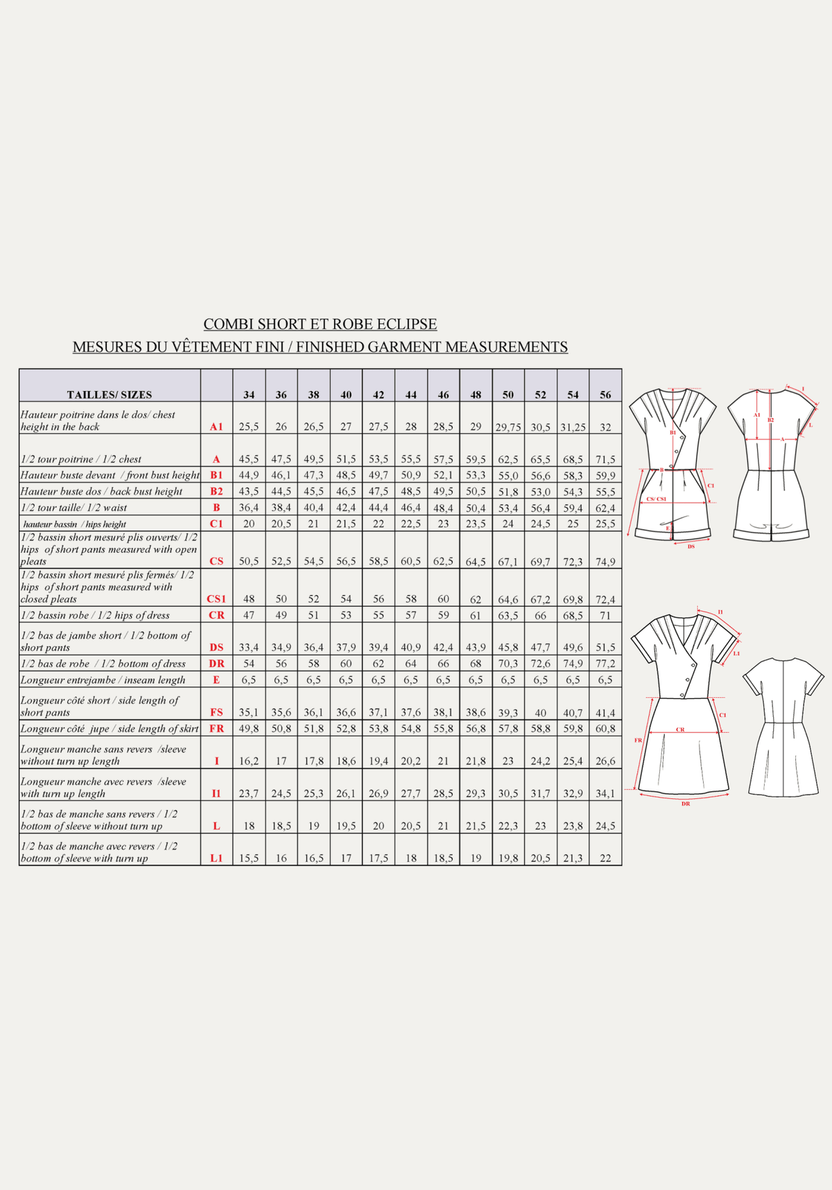 Patron couture combishort, robe Eclipse / PDF (A4, A3, A0, US Letter) – Tailles 34 à 56 – Cadres, Calques par Taille, Vidéoprojection - Maison Fauve