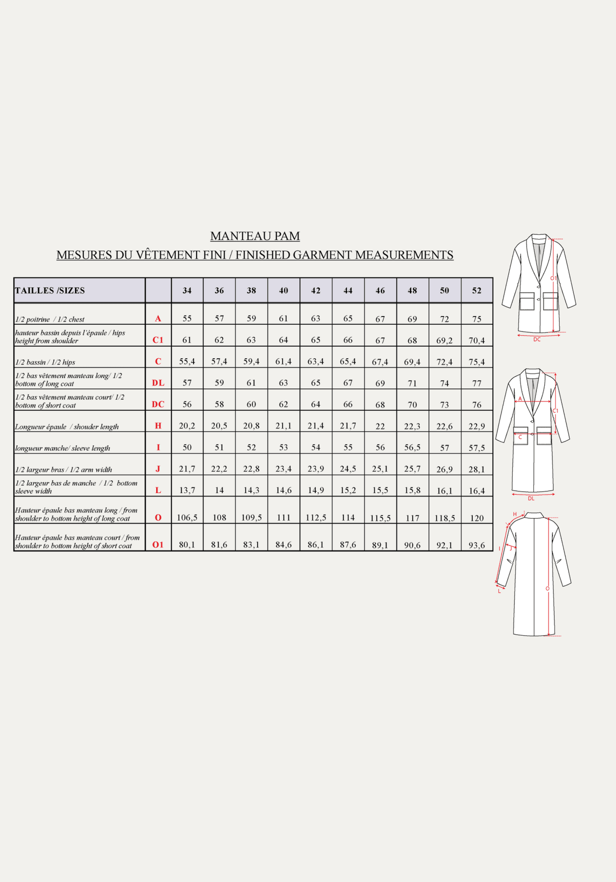 Patron couture manteau Pam / PDF (A4, A3, A0, US Letter) - Cadres, Calques par Taille, Vidéoprojection - Maison Fauve
