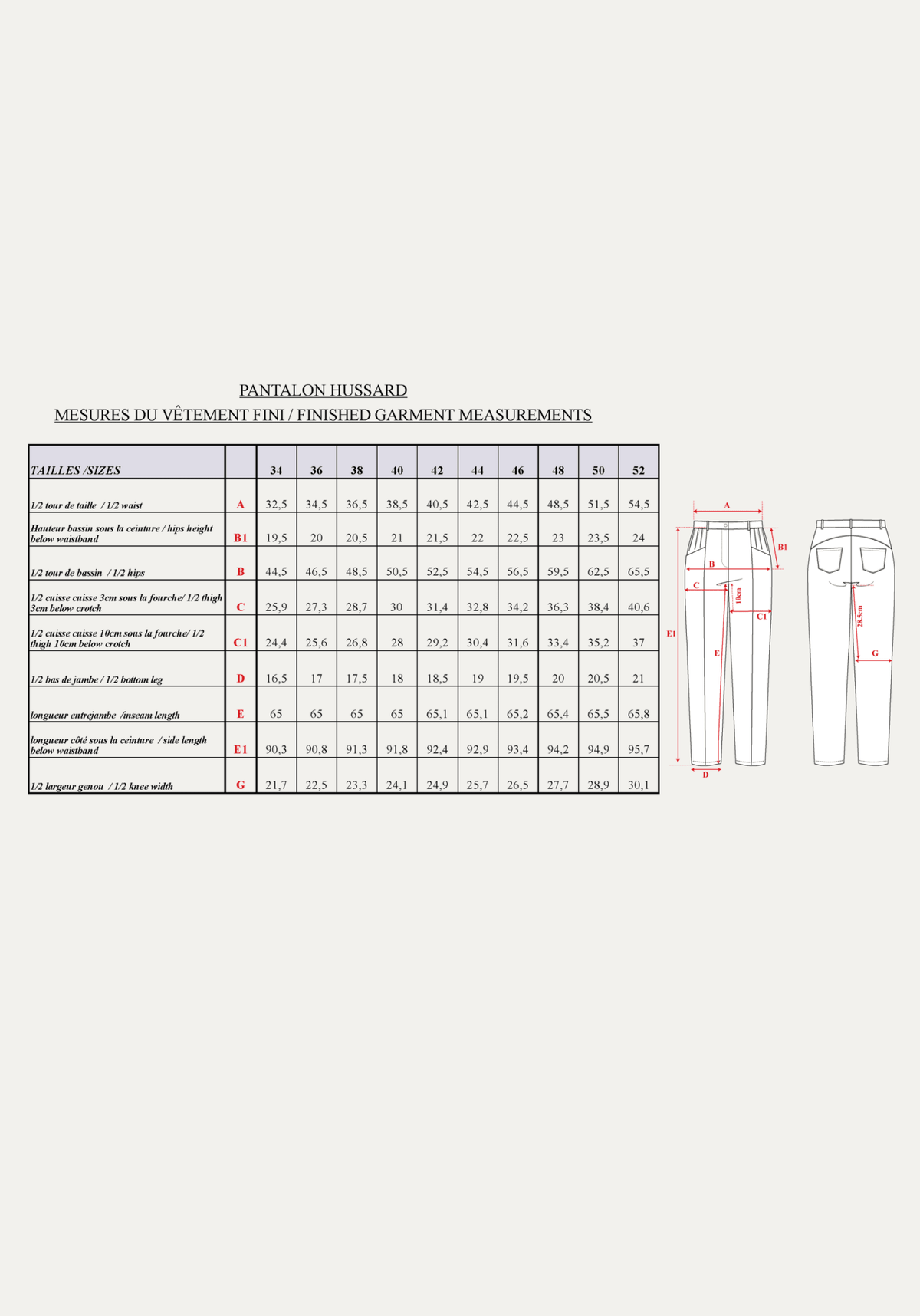 Patron couture pantalon, jean Hussard / PDF (A4, A3, A0, US Letter) - Cadres, Calques par Taille, Vidéoprojection - Maison Fauve