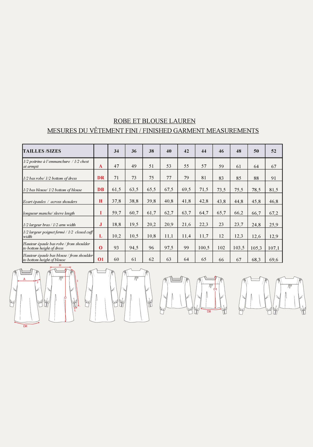 Patron couture robe, blouse Lauren / PDF (A4, A3, A0, US Letter) - Cadres, Calques par Taille, Vidéoprojection - Maison Fauve