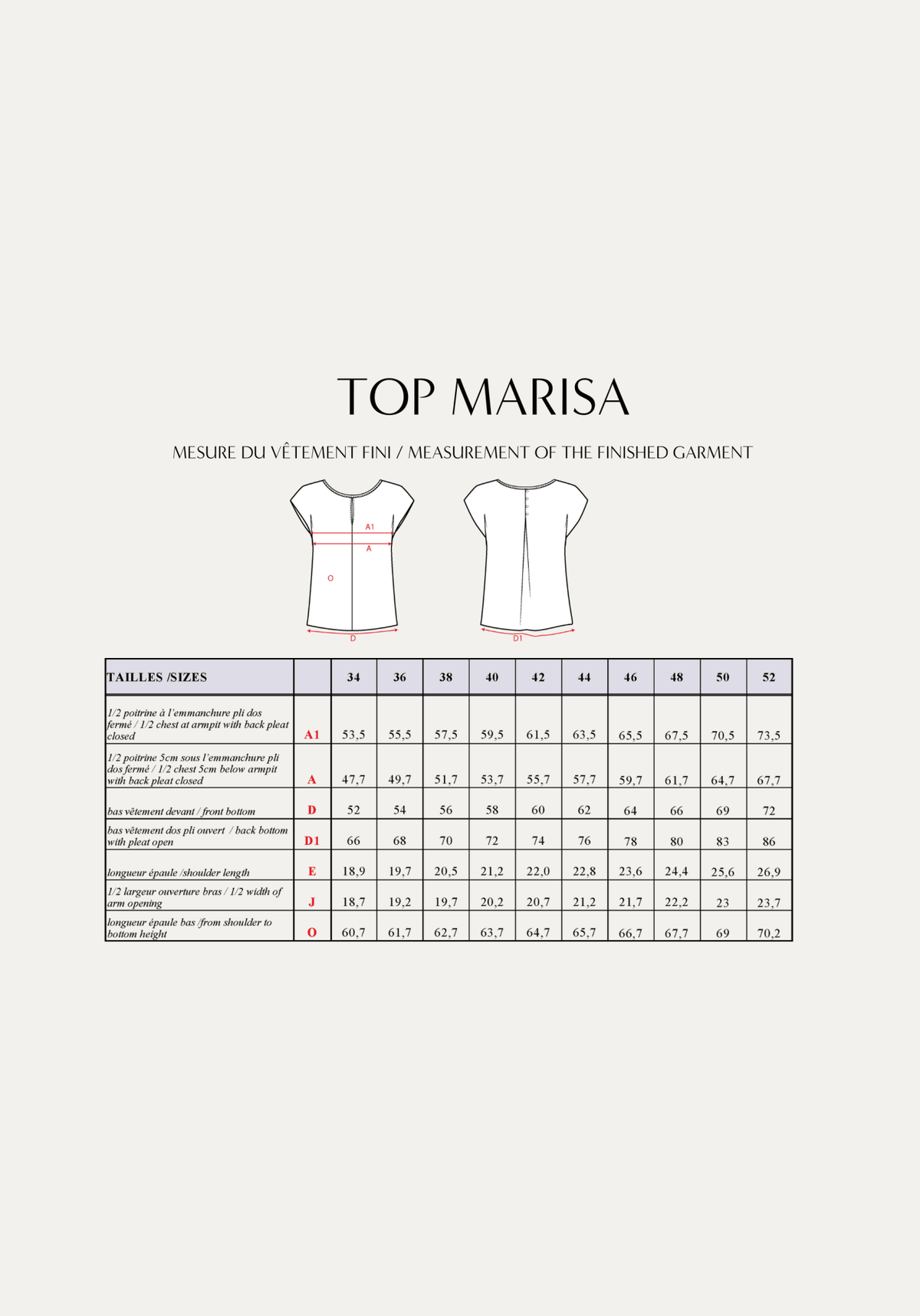 Patron couture top Marisa / PDF (A4, A3, A0, US Letter) - Cadres, Calques par Taille, Vidéoprojection - Maison Fauve