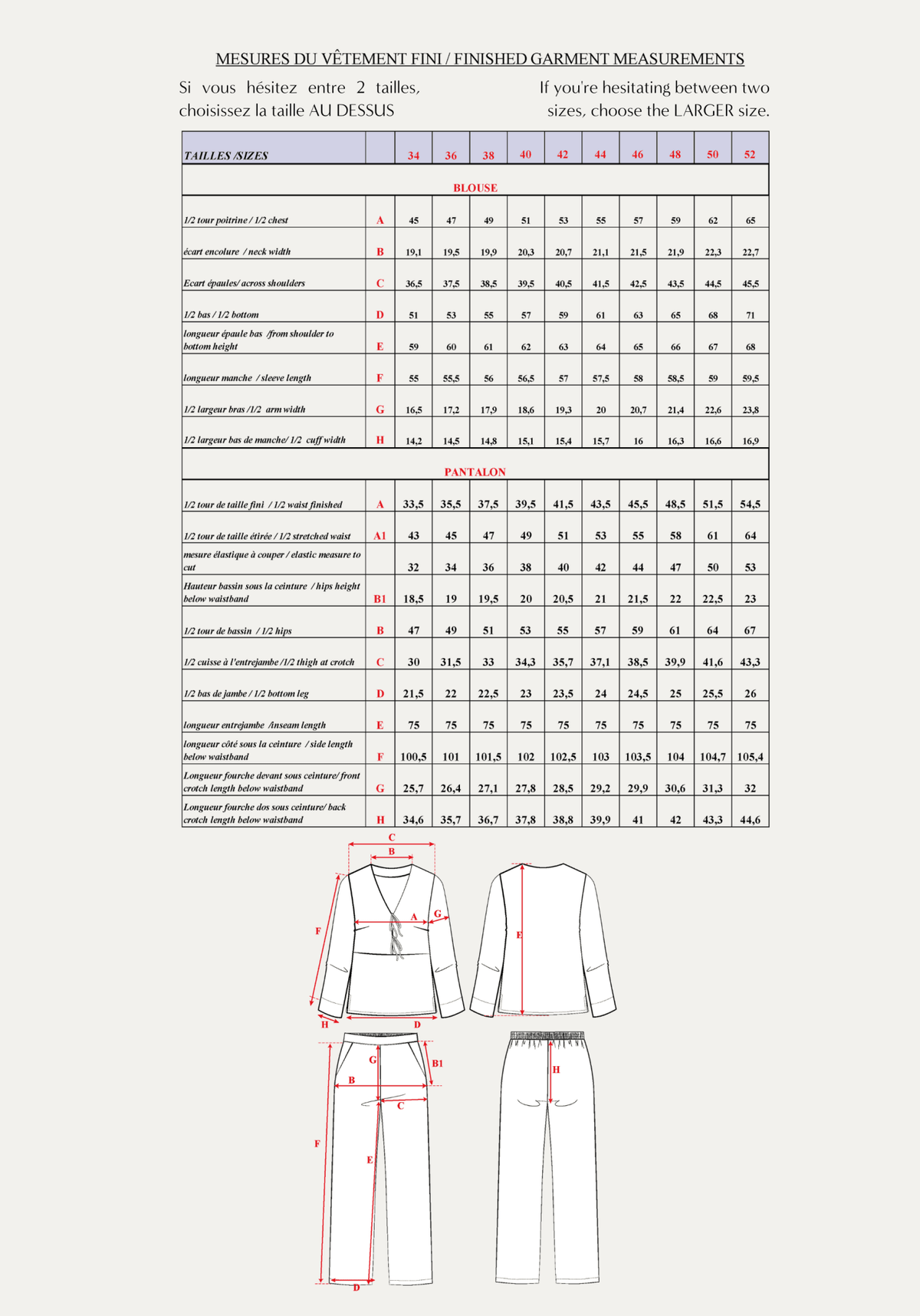 Patron pyjama Soupir / PDF (A4, A3, A0, US Letter) - Cadres, Calques par Taille, Vidéoprojection - Maison Fauve