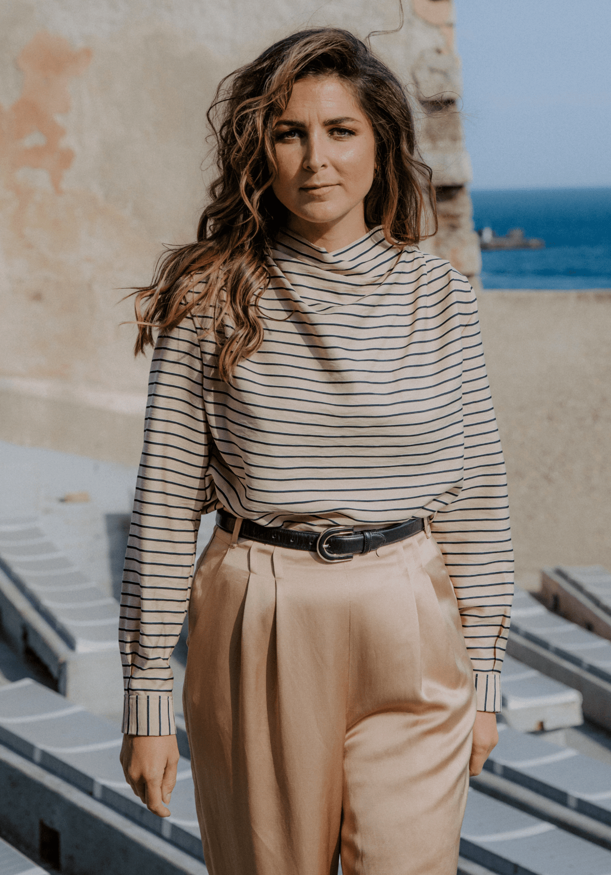 Tissu voile poly viscose à rayures Horizon – Marine / Beige & Encre - Maison Fauve