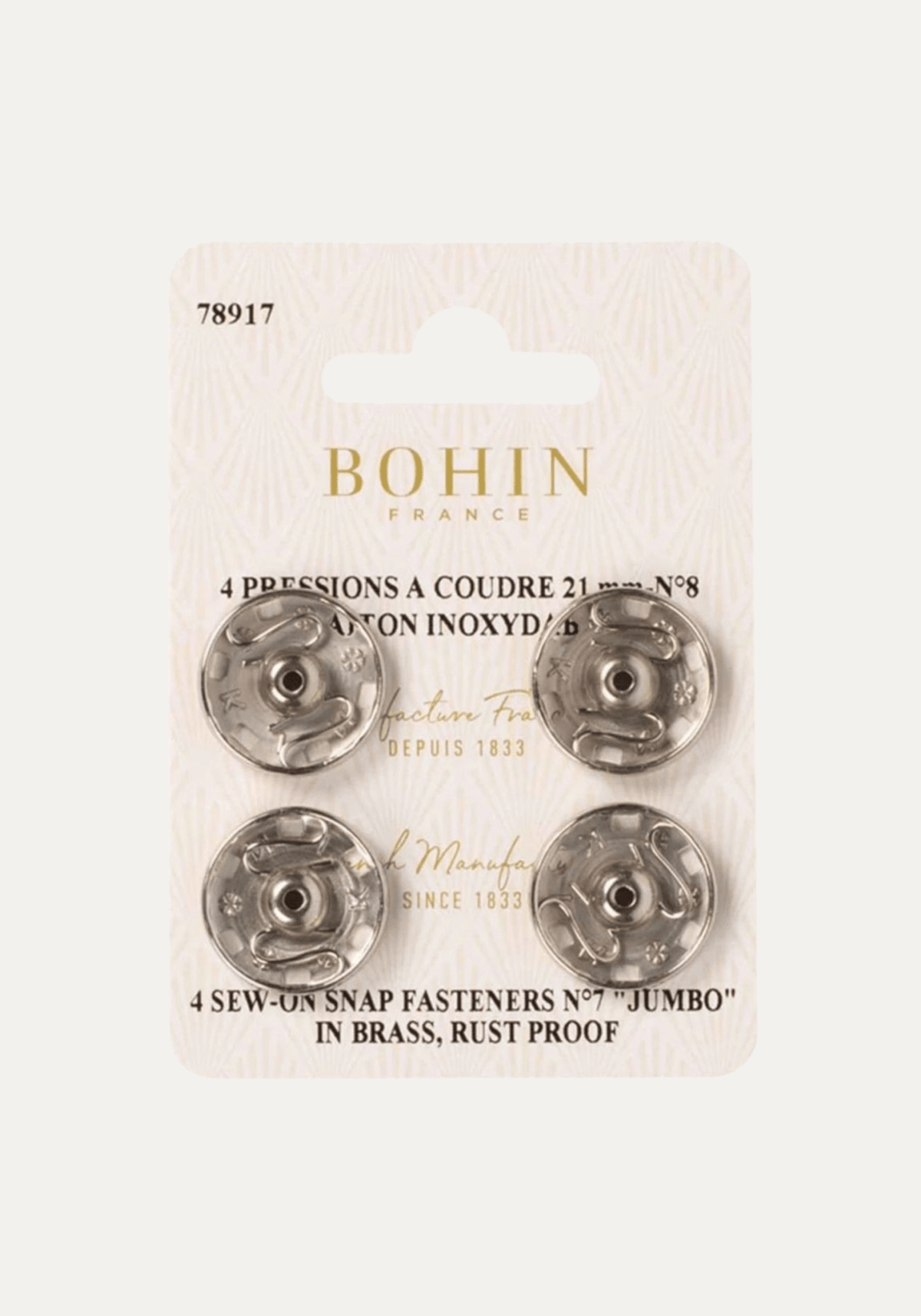 Boutons pression à coudre Bohin – 21 mm (Argent) – lot de 4 - Maison Fauve