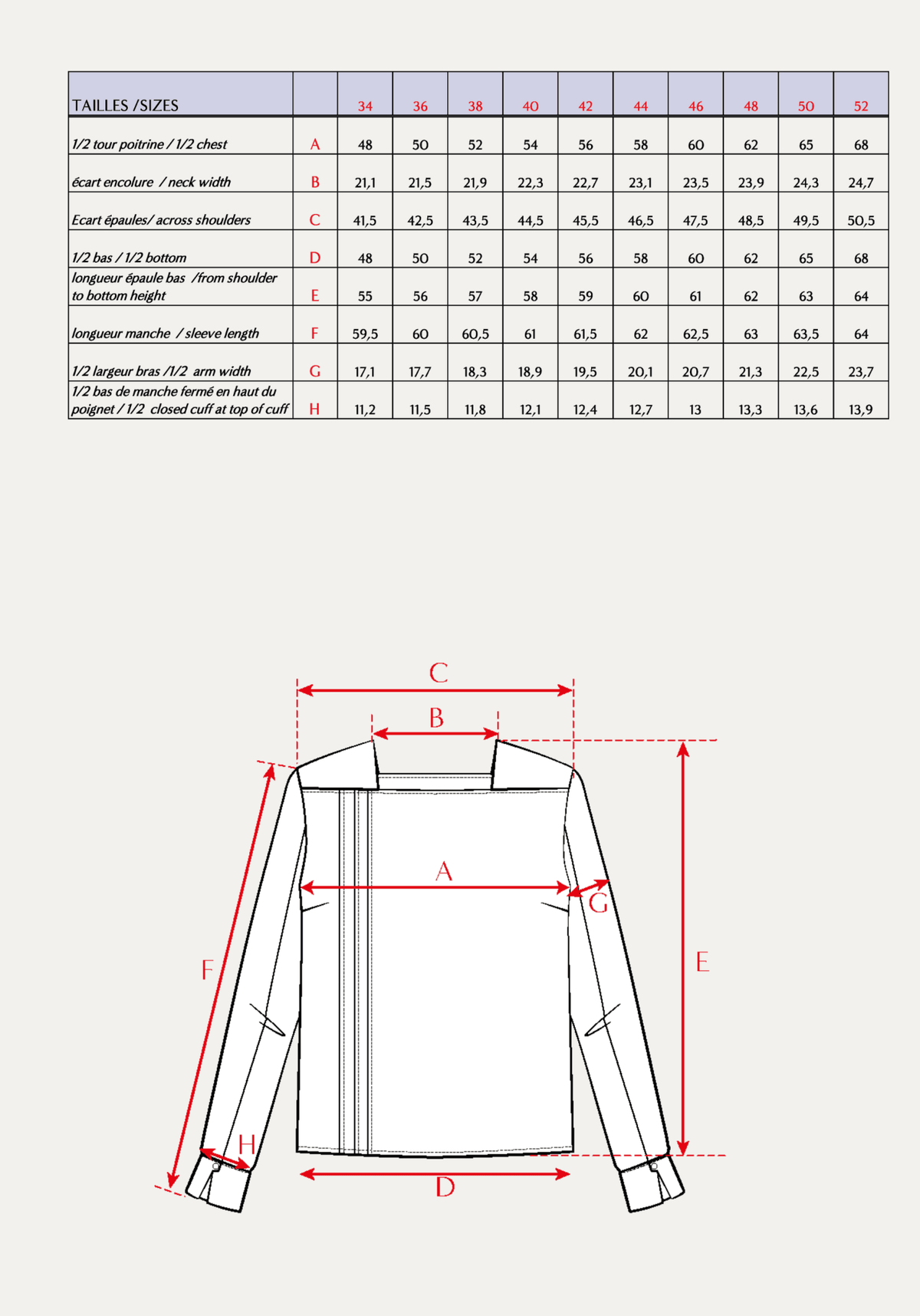 Patron couture blouse Déferlante / PDF (A4, A3, A0, US Letter) - Cadres, Calques par Taille, Vidéoprojection - Maison Fauve