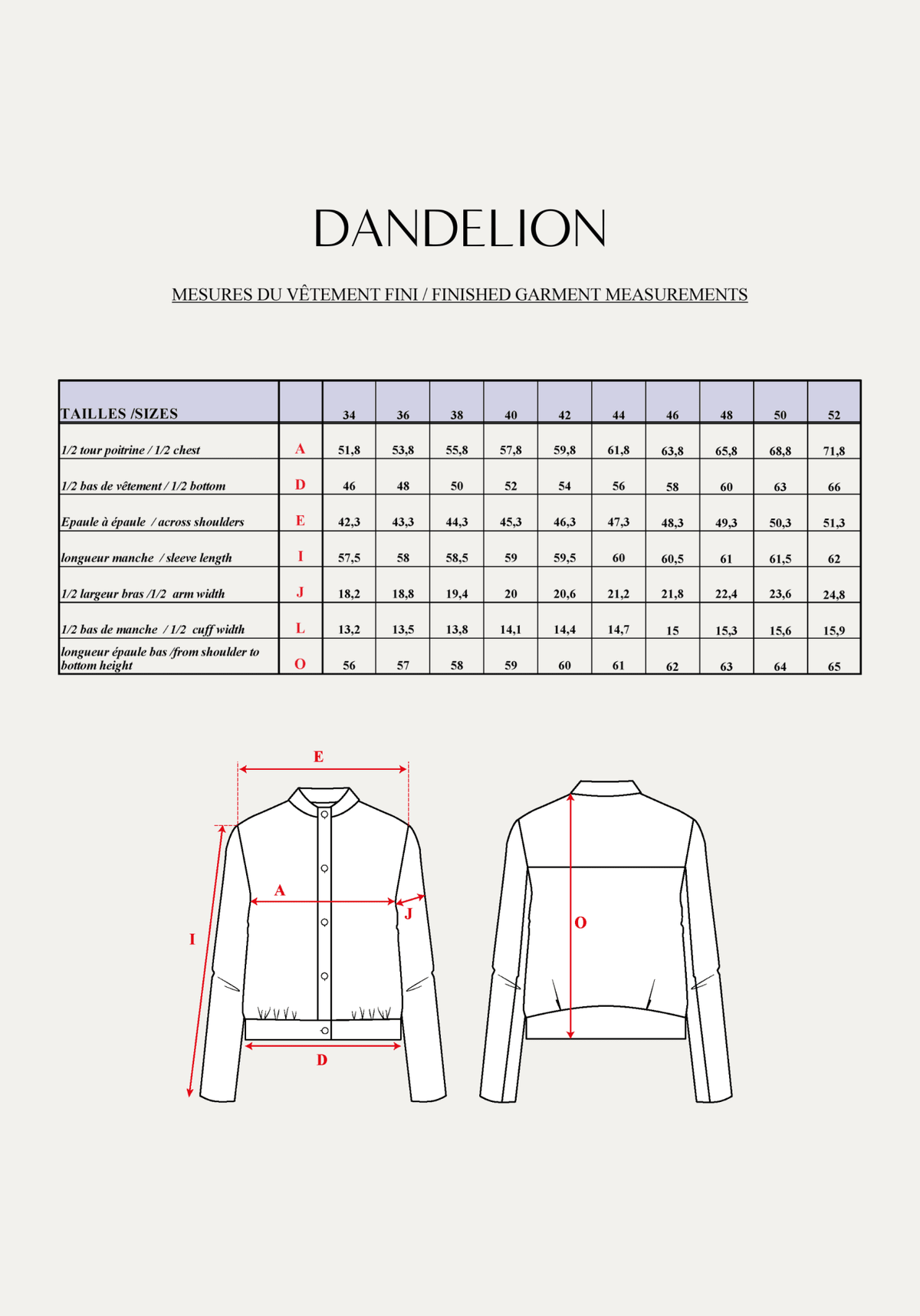 Patron couture blouson Dandelion / PDF (A4, A3, A0, US Letter) - Cadres, Calques par Taille, Vidéoprojection - Maison Fauve