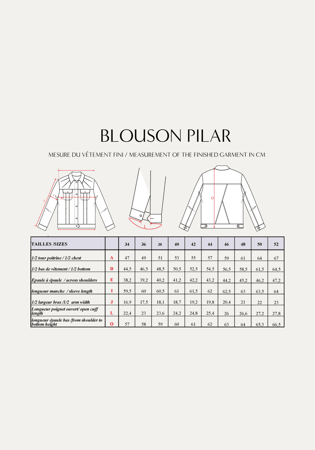 Patron couture blouson Pilar / PDF (A4, A3, A0, US Letter) - Cadres, Calques par Taille, Vidéoprojection - Maison Fauve