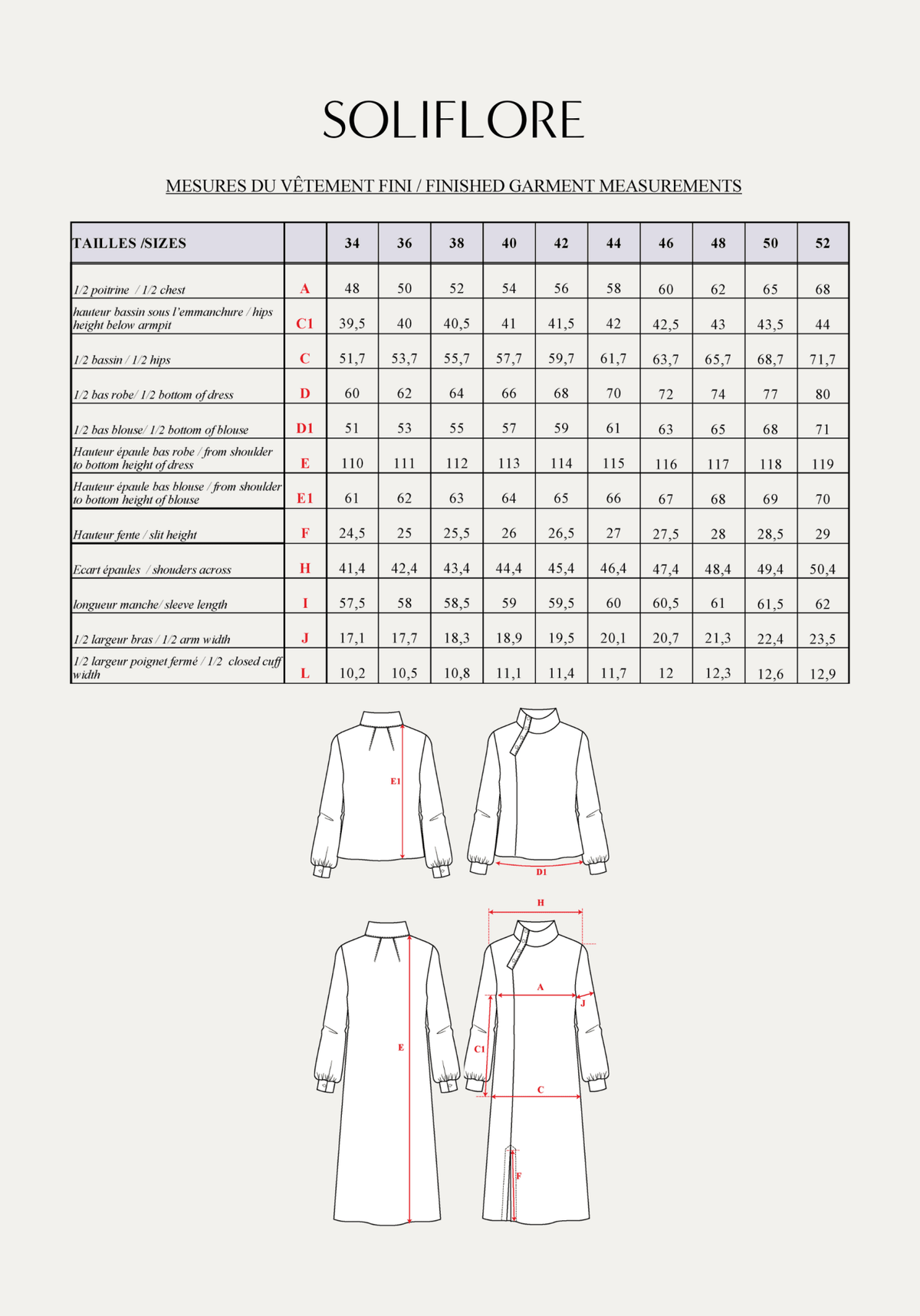 Patron couture robe, blouse Soliflore / PDF (A4, A3, A0, US Letter) - Cadres, Calques par Taille, Vidéoprojection - Maison Fauve