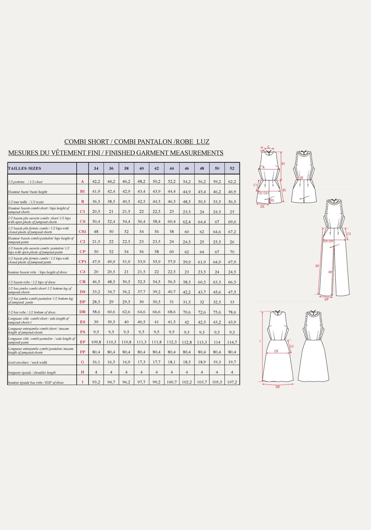 Patron couture robe, combinaison Luz / PDF (A4, A3, A0, US Letter) - Cadres, Calques par Taille, Vidéoprojection - Maison Fauve